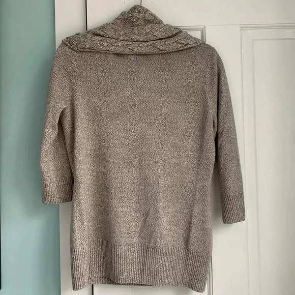 New York & Company Three Quarter Sleeve Knit Braided Turtleneck Tan Sweater M - Picture 7 of 11